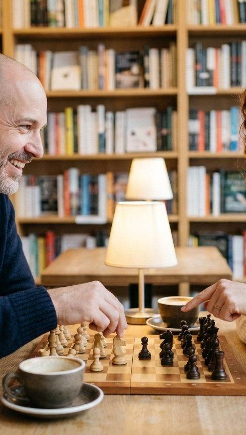 A man and a woman smiling over a game of chess at a bookshop cafe.