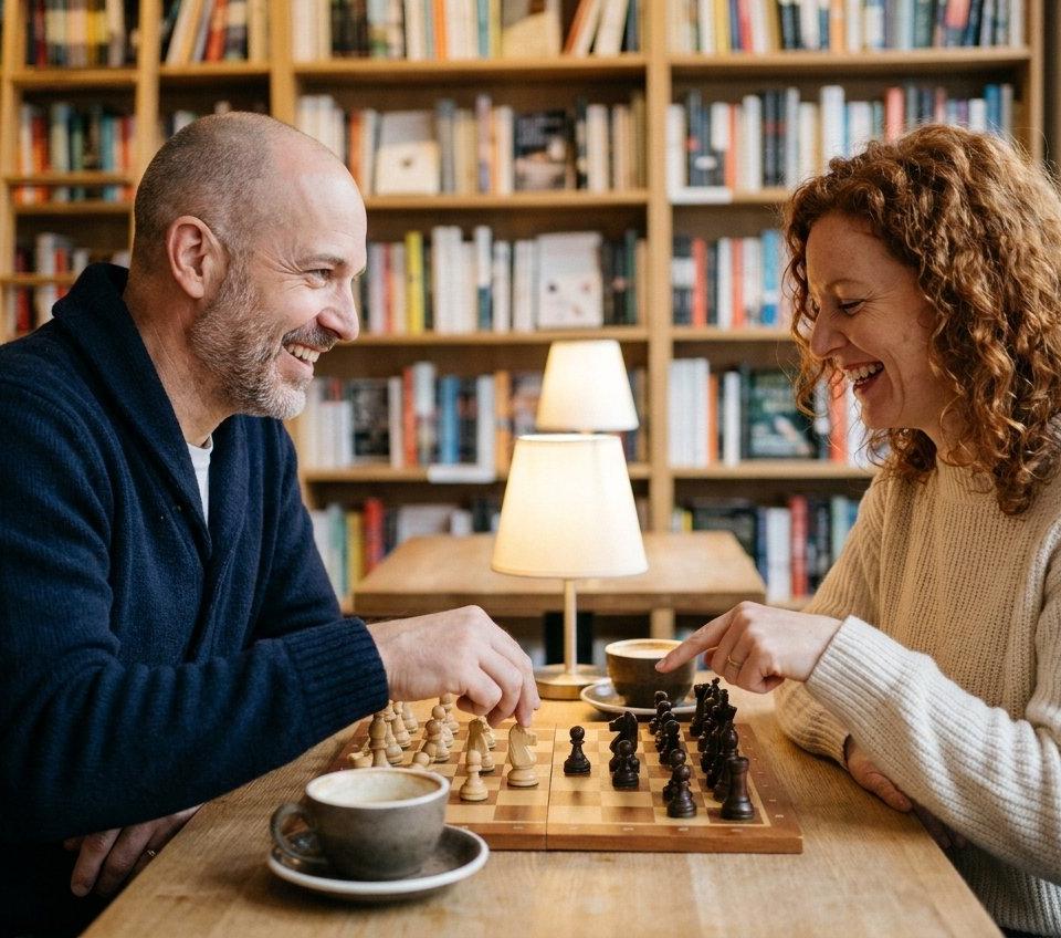 A man and a woman smiling over a game of chess at a bookshop cafe.