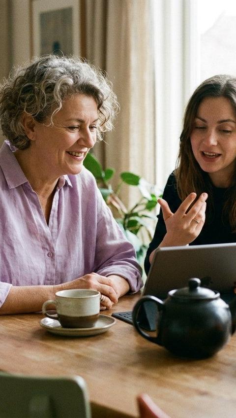 Two women of different ages looking at a tablet together and smiling at a dining table.