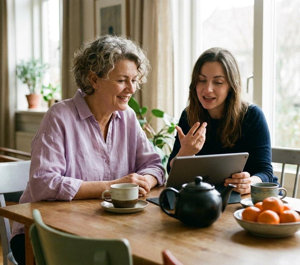 Two women of different ages looking at a tablet together and smiling at a dining table.