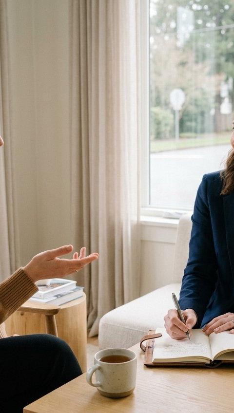 Two women smiling and talking over tea in a bright, calm lounge.