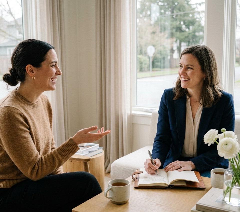 Two women smiling and talking over tea in a bright, calm lounge.