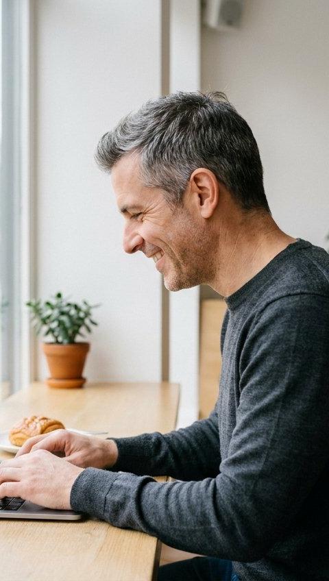 A man in his fifties smiling as he types on a laptop in a bright cafe.