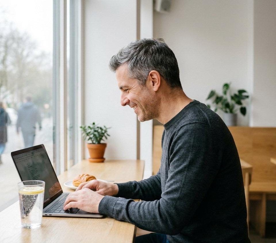 A man in his fifties smiling as he types on a laptop in a bright cafe.