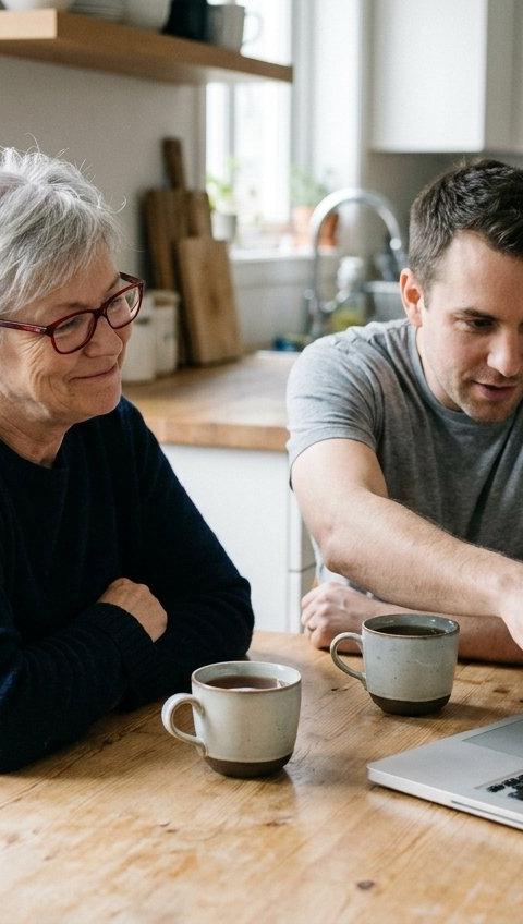 A woman in her fifties going over something calmly on a laptop with her adult son at a kitchen table.