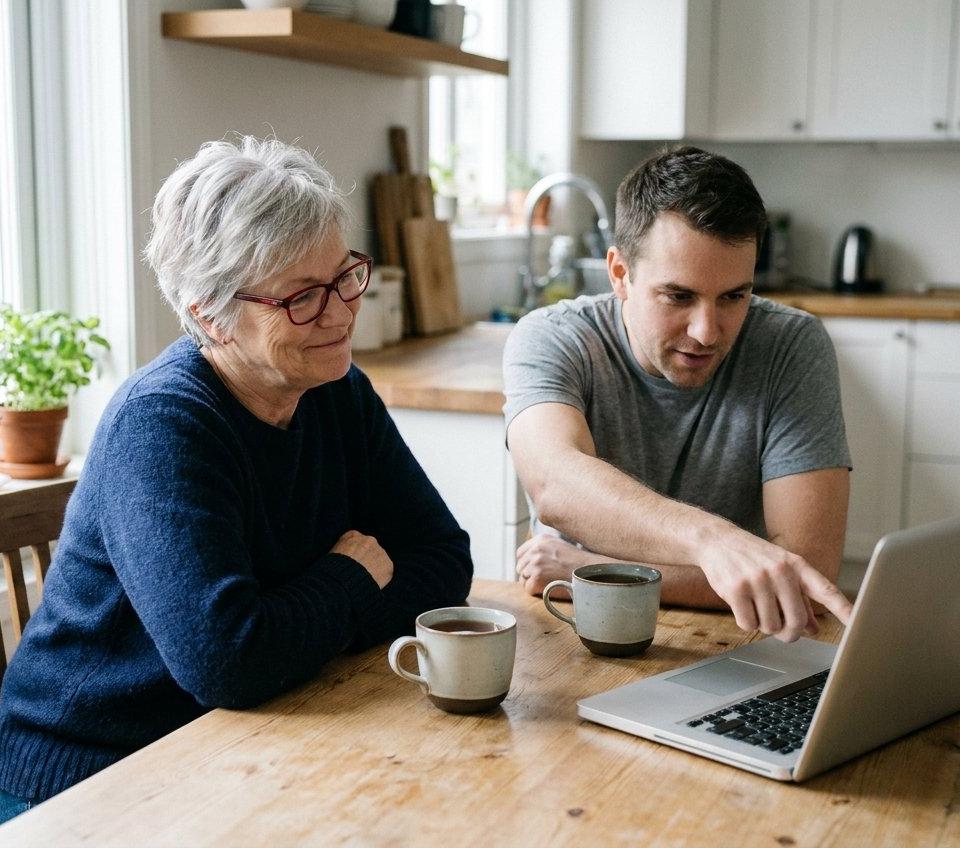 A woman in her fifties going over something calmly on a laptop with her adult son at a kitchen table.
