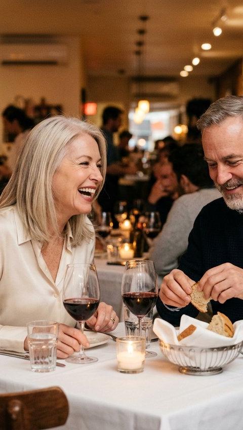 A man and a woman in their fifties laughing together over dinner at a candlelit restaurant table.
