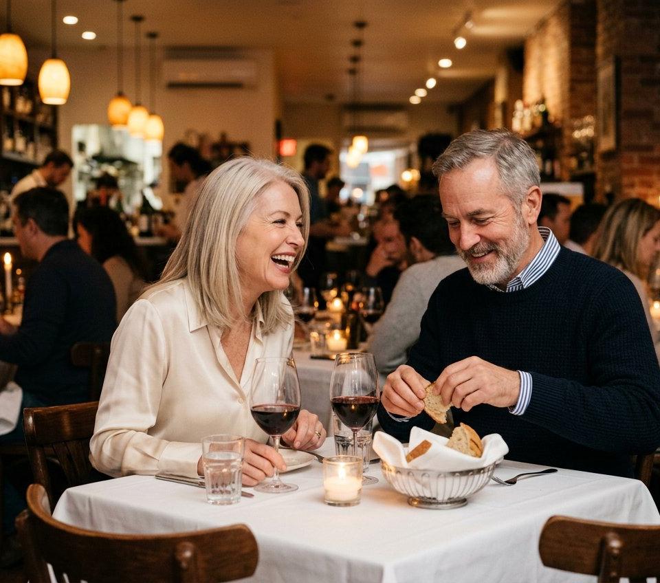 A man and a woman in their fifties laughing together over dinner at a candlelit restaurant table.