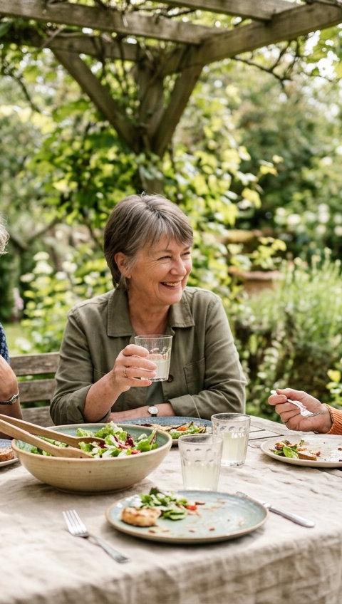 A woman in her sixties laughing with friends over a Sunday lunch in a sunny garden.