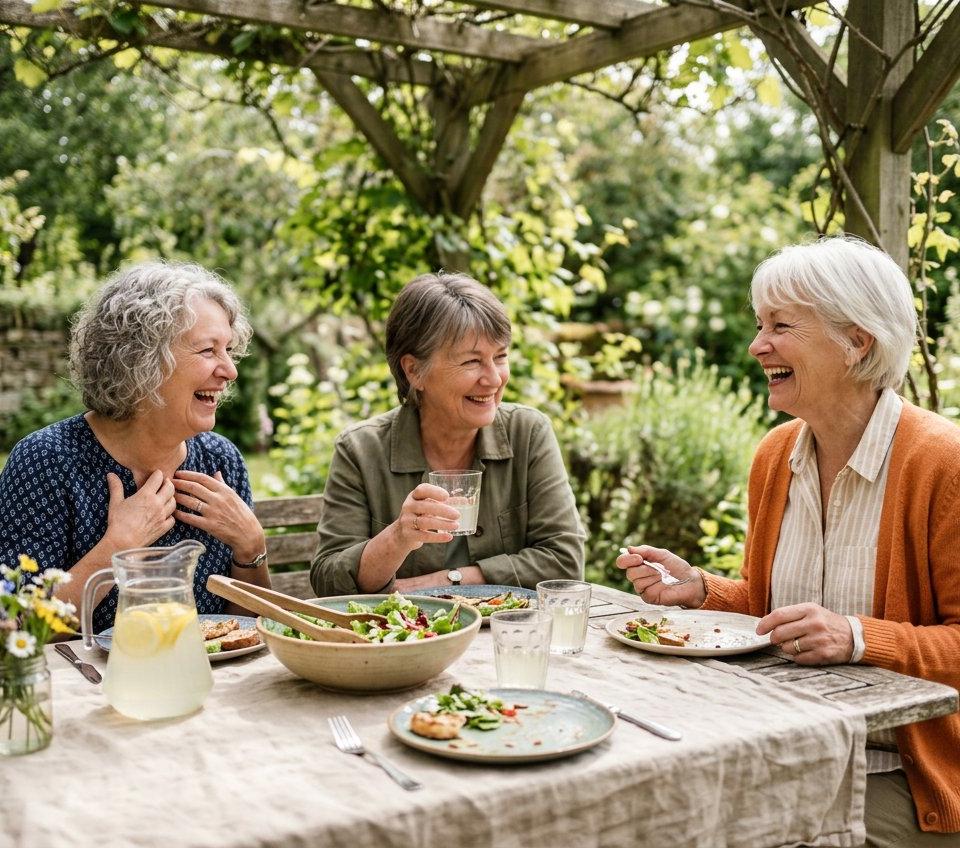 A woman in her sixties laughing with friends over a Sunday lunch in a sunny garden.