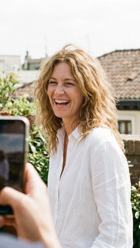 A woman in her forties laughing as a friend takes her photo on a sunny terrace.