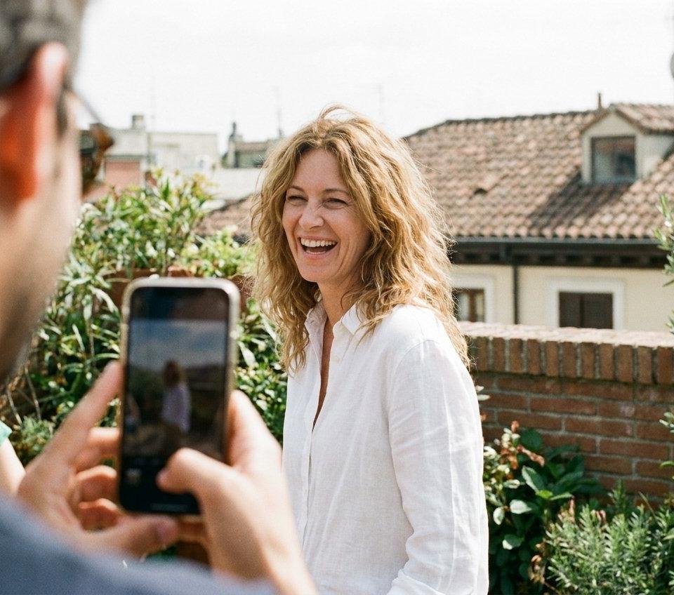 A woman in her forties laughing as a friend takes her photo on a sunny terrace.