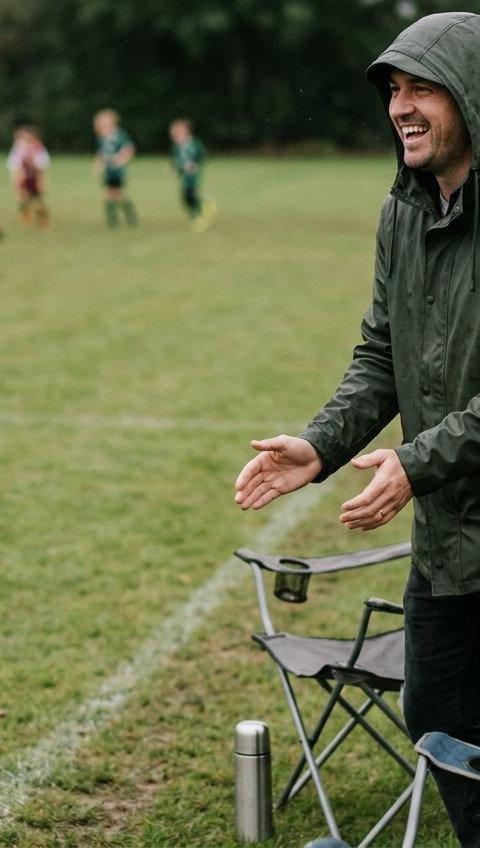 A man and a woman cheering together at the edge of a children's soccer field.