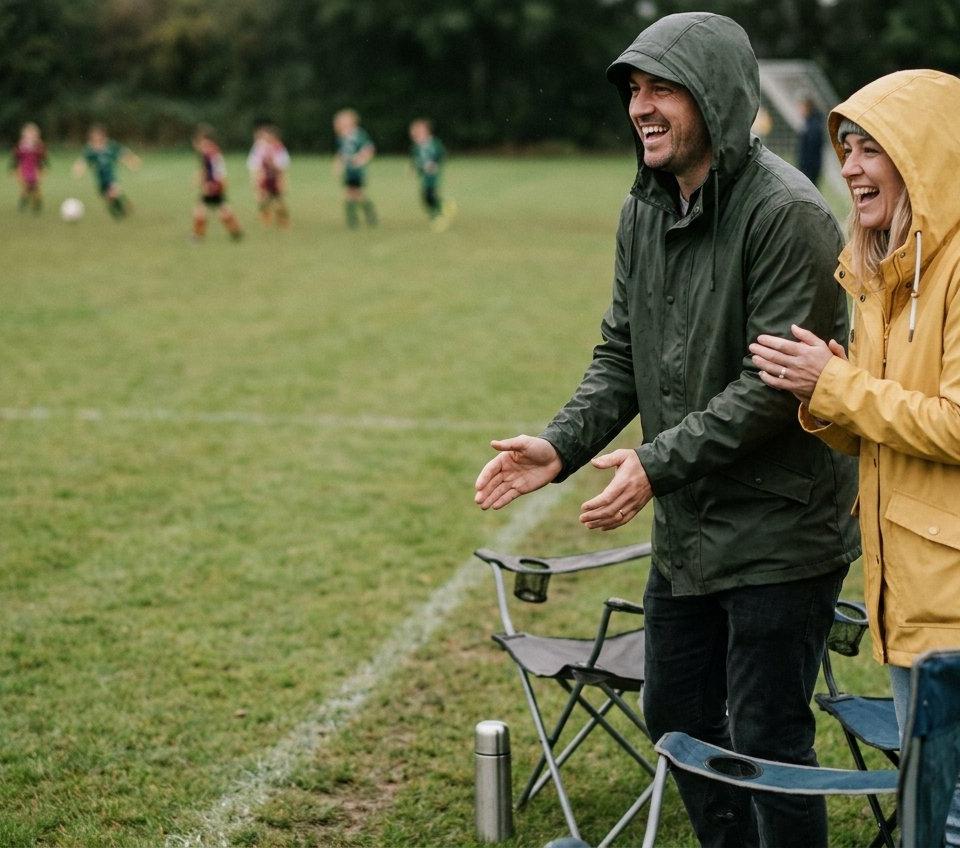 A man and a woman cheering together at the edge of a children's soccer field.