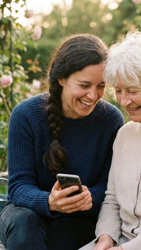 A woman in her fifties laughing with her elderly mother on a garden bench.