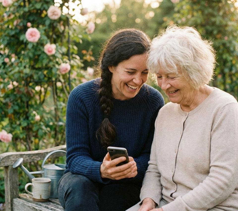 A woman in her fifties laughing with her elderly mother on a garden bench.
