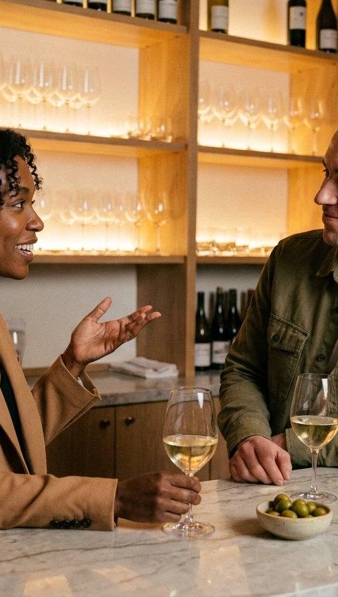 A man and a woman in their forties talking and smiling at a marble wine bar.