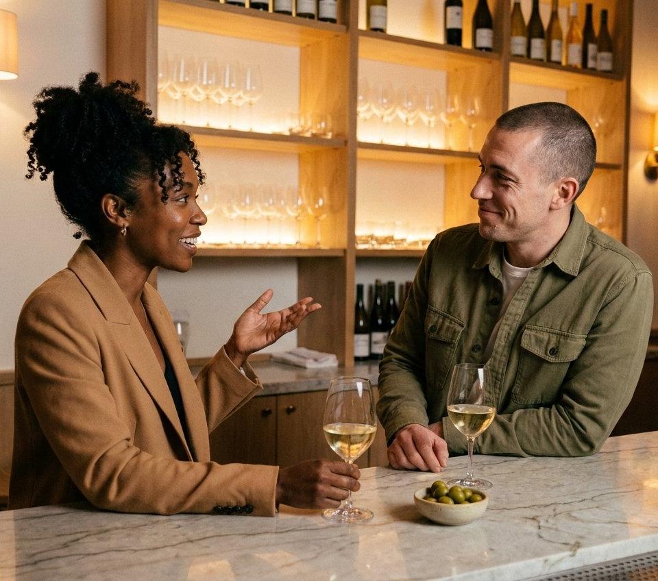 A man and a woman in their forties talking and smiling at a marble wine bar.