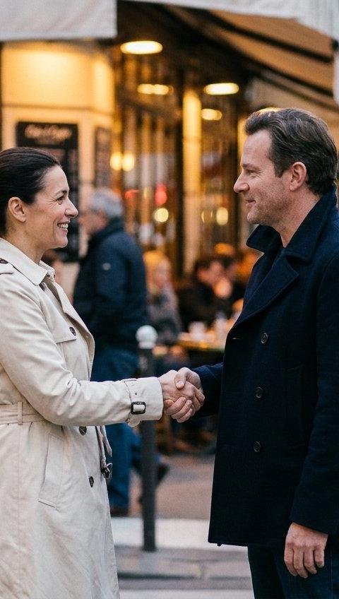 A man and a woman greeting each other with a handshake outside a busy, well-lit cafe.