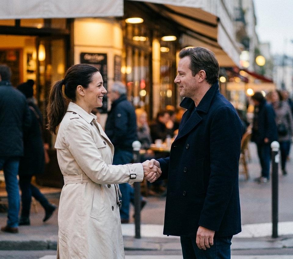 A man and a woman greeting each other with a handshake outside a busy, well-lit cafe.