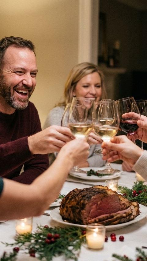 Friends in their forties and fifties raising a toast around a festive dinner table.