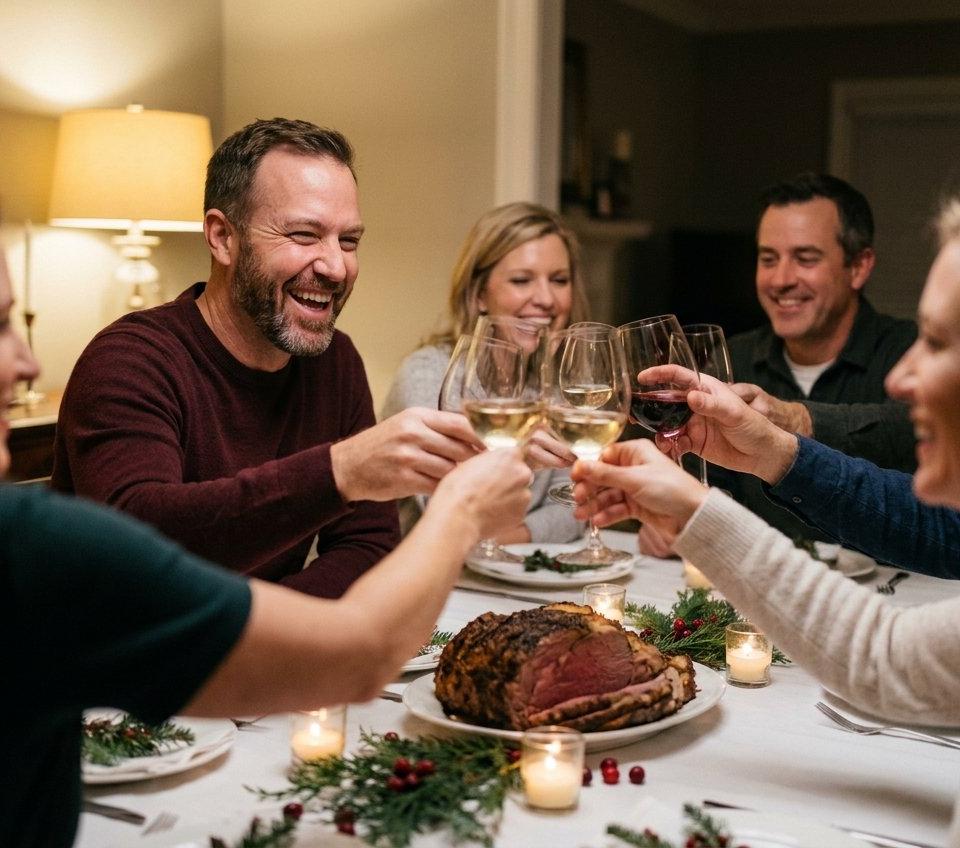 Friends in their forties and fifties raising a toast around a festive dinner table.