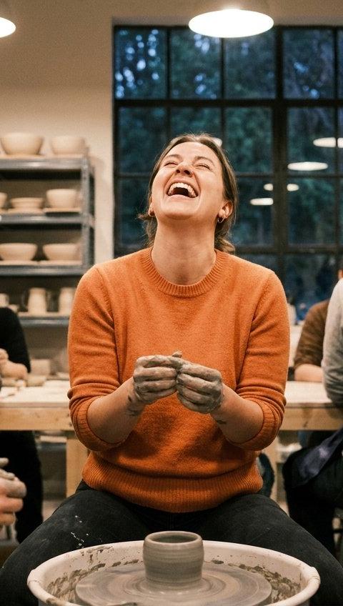 A woman laughing with friends at a pottery class, her hands covered in clay.