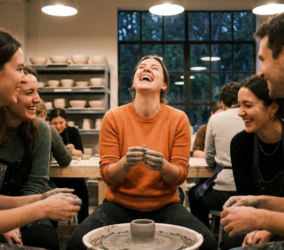 A woman laughing with friends at a pottery class, her hands covered in clay.