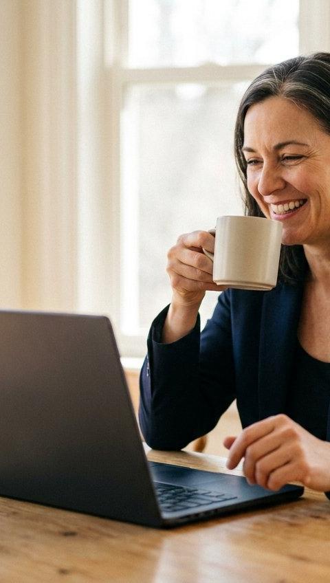 A woman in her forties smiling over her morning coffee with a laptop at the breakfast table.