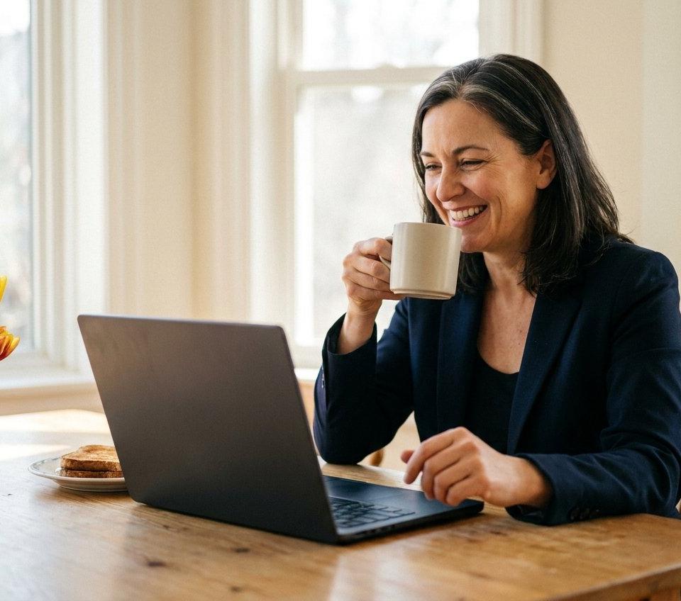 A woman in her forties smiling over her morning coffee with a laptop at the breakfast table.