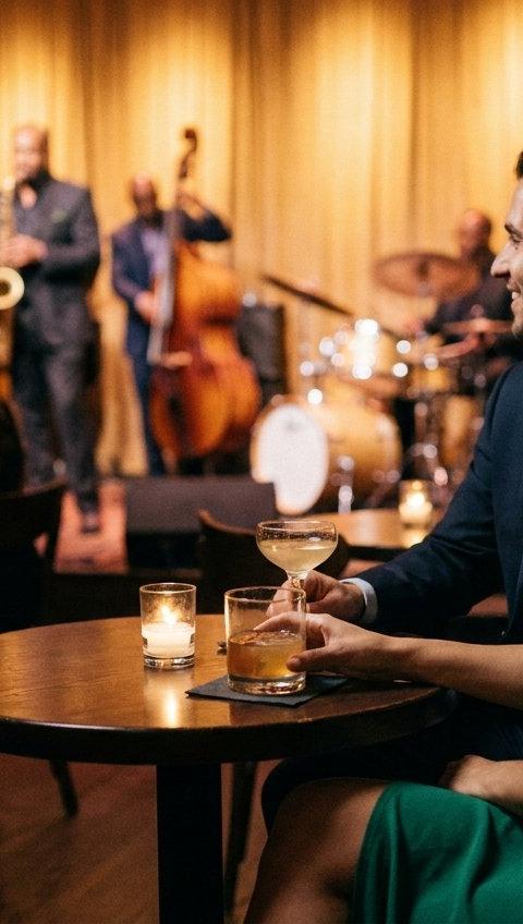 A couple smiling as they watch a band at a jazz club.