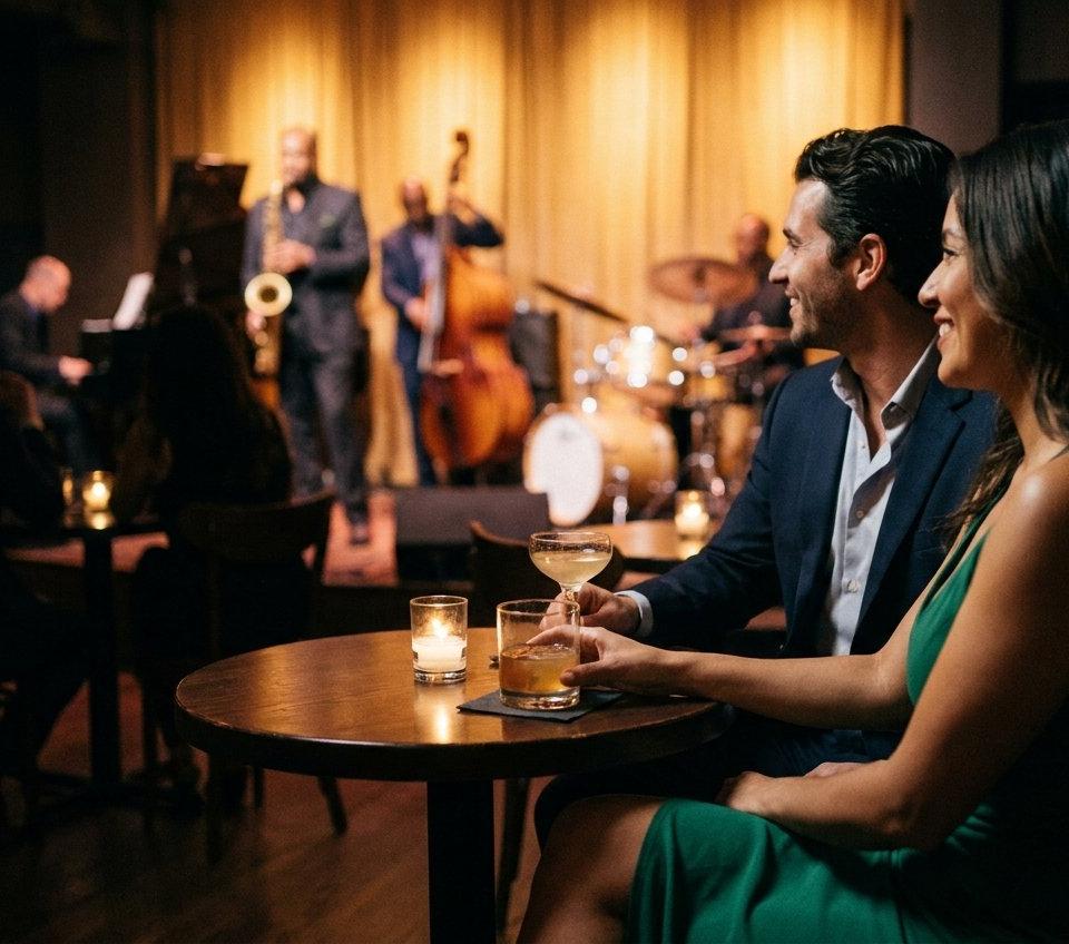 A couple smiling as they watch a band at a jazz club.