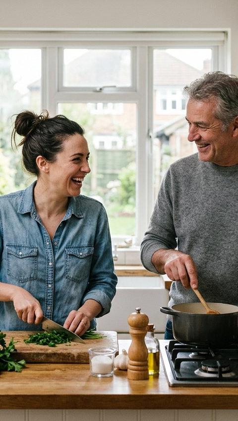 A father in his sixties and his adult daughter cooking and laughing together in a bright kitchen.