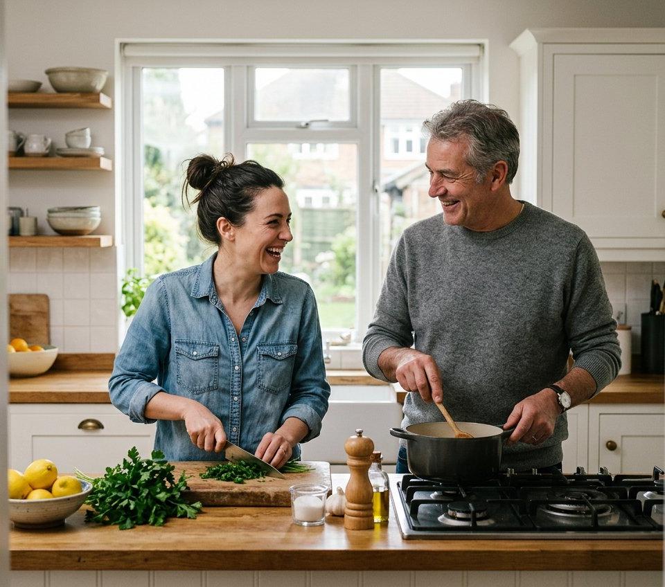 A father in his sixties and his adult daughter cooking and laughing together in a bright kitchen.