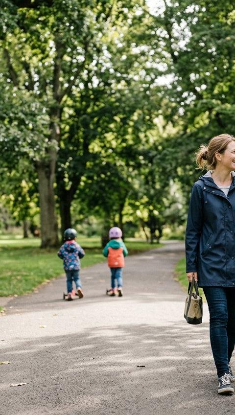 A man and a woman walking through a park, smiling, with children on scooters ahead of them.