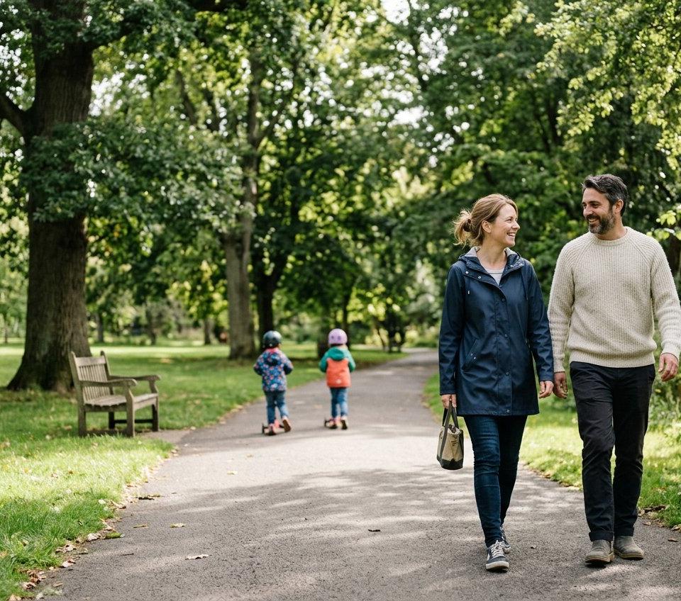A man and a woman walking through a park, smiling, with children on scooters ahead of them.