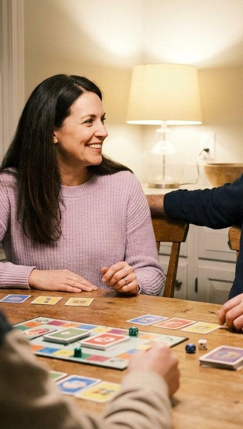 A woman and a man laughing over a board game at a kitchen table with her teenage son.