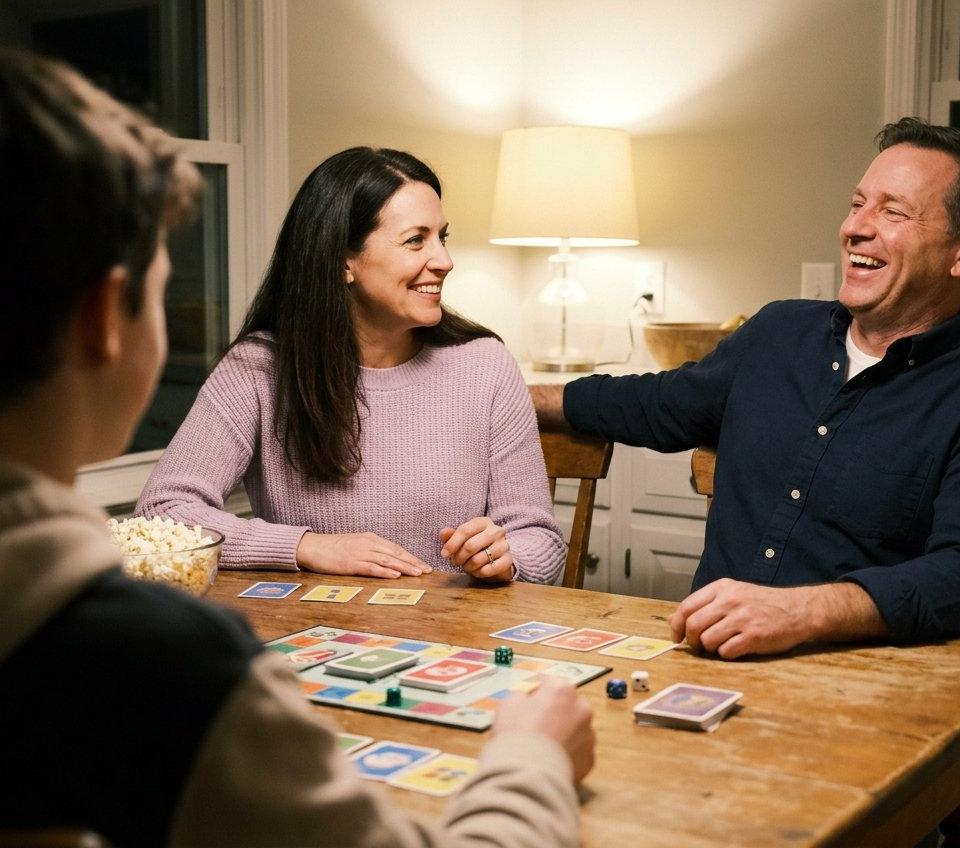 A woman and a man laughing over a board game at a kitchen table with her teenage son.