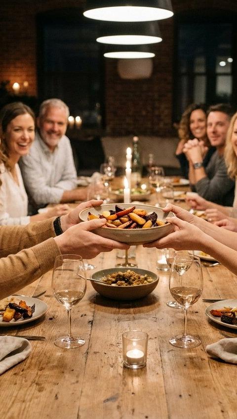 Guests laughing and passing dishes along a long candlelit dinner table.