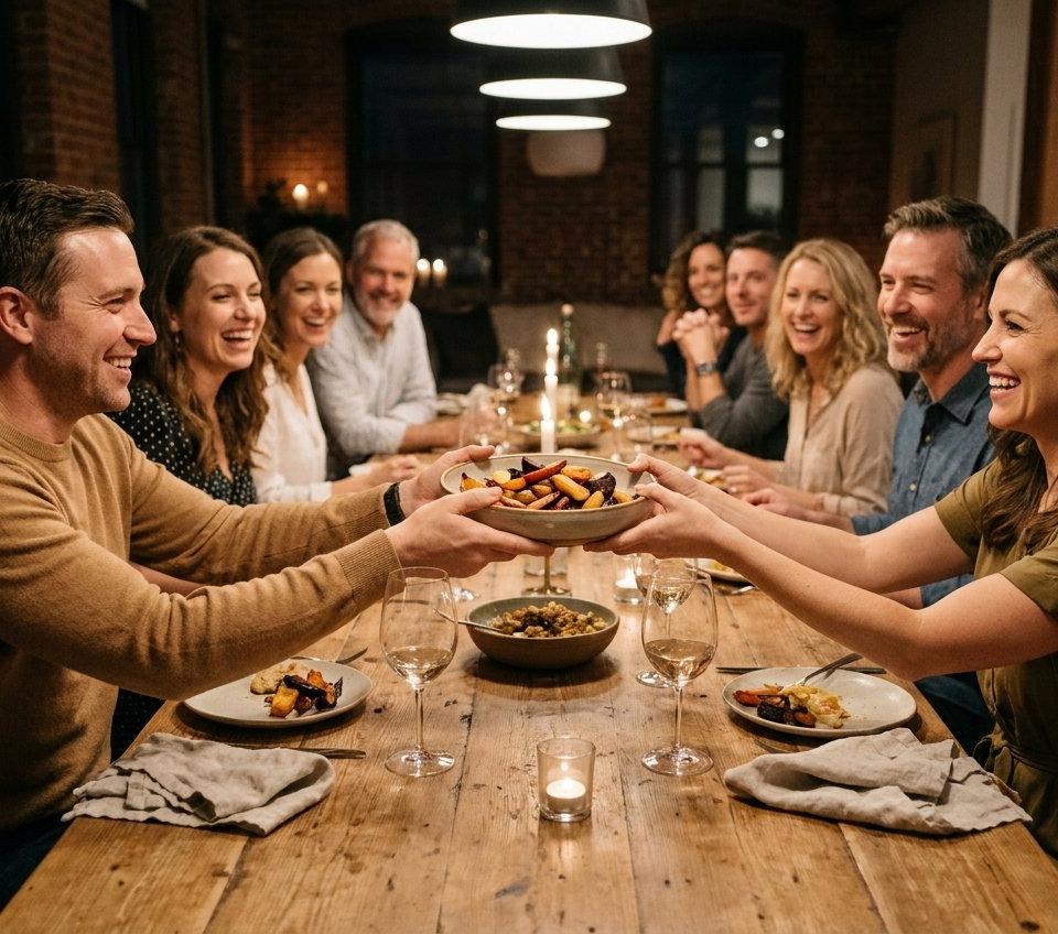 Guests laughing and passing dishes along a long candlelit dinner table.