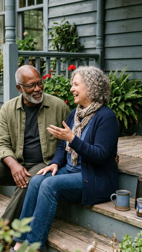 A couple in their sixties sharing coffee and conversation on the porch steps of their home.