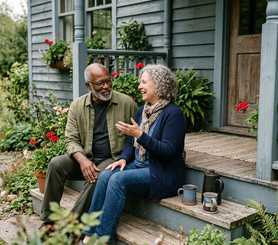 A couple in their sixties sharing coffee and conversation on the porch steps of their home.