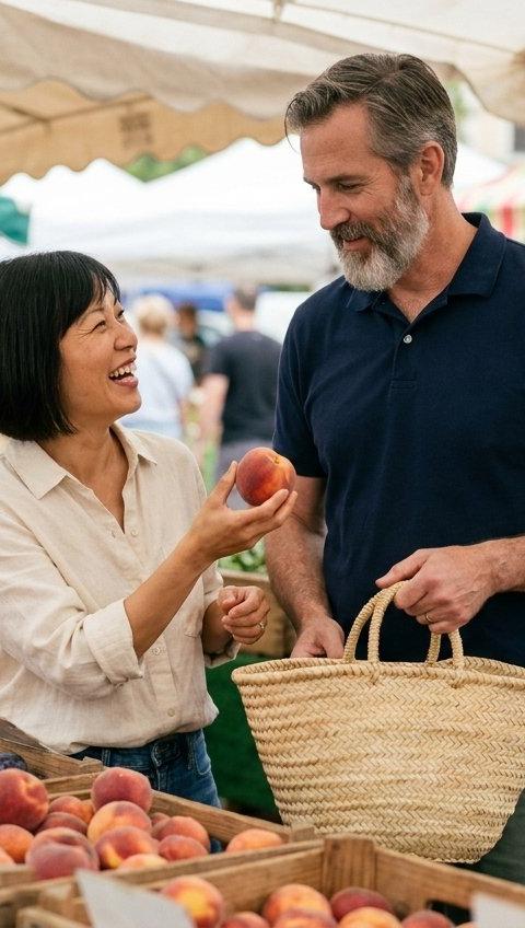 A couple in their forties laughing as they choose peaches at a farmers market.