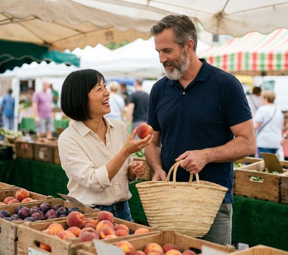 A couple in their forties laughing as they choose peaches at a farmers market.