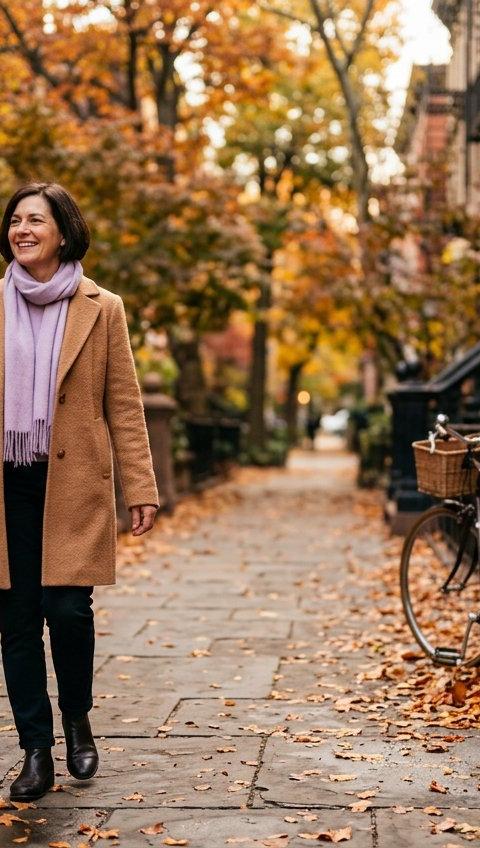 A smiling woman in a camel coat walking down a leafy street of brownstones in autumn.