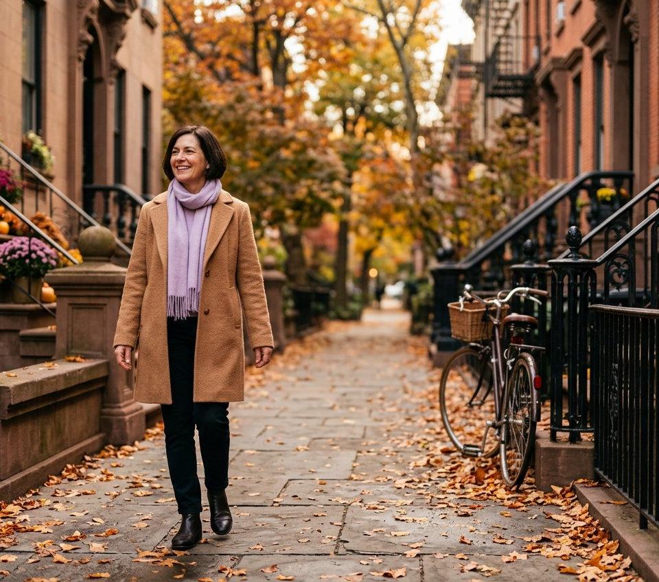 A smiling woman in a camel coat walking down a leafy street of brownstones in autumn.