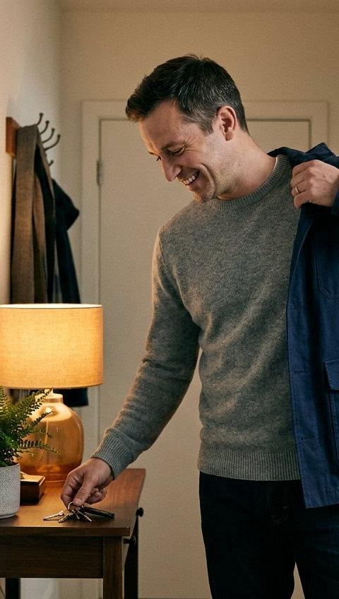 A man in his forties smiling as he puts on his jacket to head out for the evening.