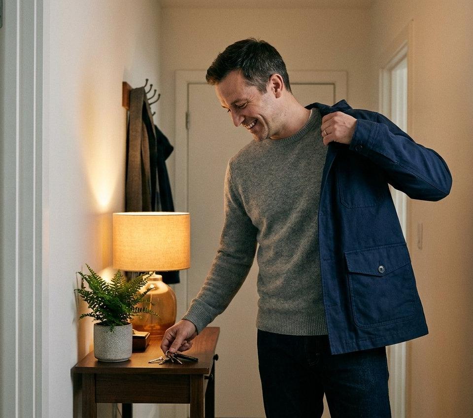 A man in his forties smiling as he puts on his jacket to head out for the evening.