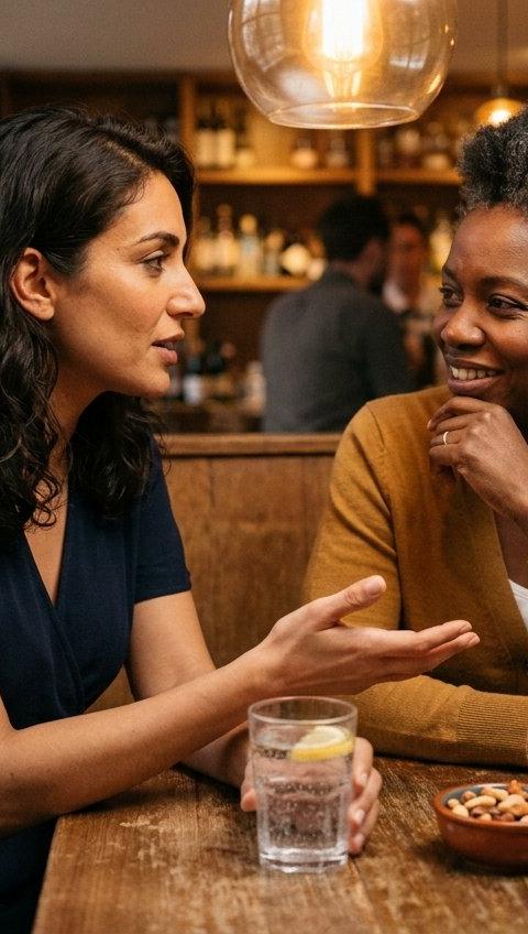 Two friends in their forties leaning in and talking warmly in a cozy bar booth.