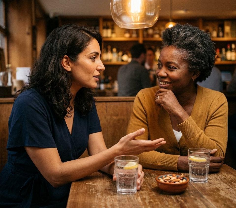 Two friends in their forties leaning in and talking warmly in a cozy bar booth.